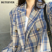 BGTEEVER Vintage luźne kobiety Plaid Blazer 2020 jesień Chic podwójne piersi kobiet kostium z długim rękawem kurtki stylowe panie Blazer 6